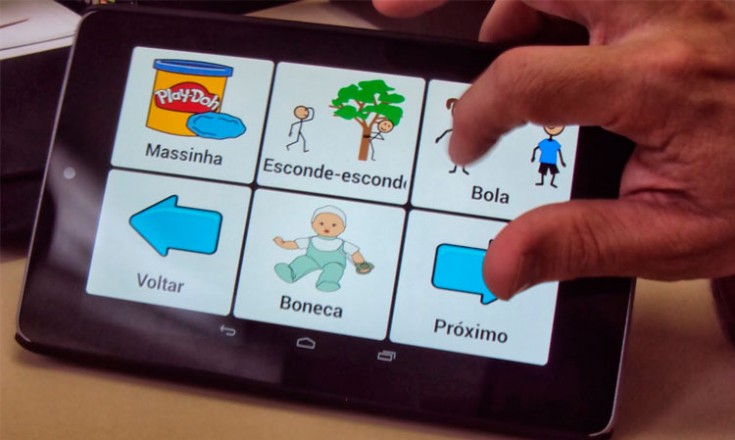 Tela de um tablet com seis figuras dispostas e uma mão do lado direito apertando em uma delas