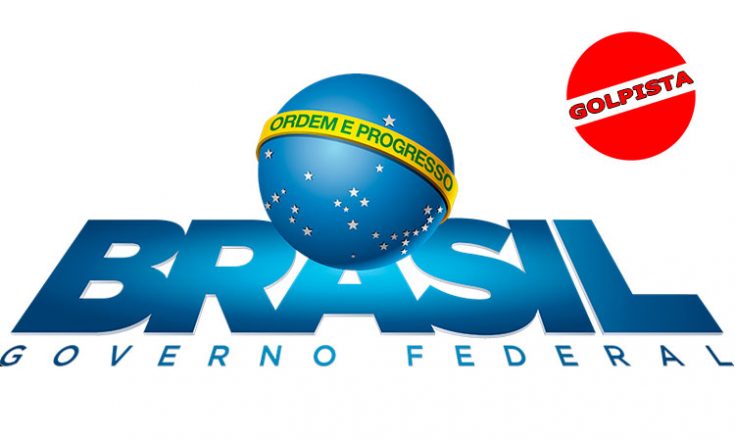 Logo oficial do Governo Federal com um selo vermelho de golpista no alto. Inclusão de Sem Barreiras.